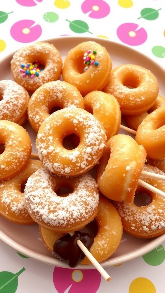 Delicious Donuts on a Stick Recipe Delicious donuts on sticks coated in powdered sugar and chocolate glaze, served on a colorful plate.